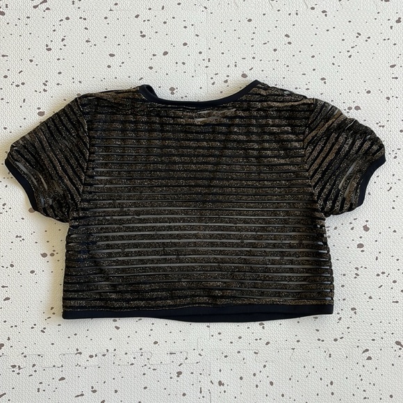💘 KORAL - BLACK & GOLD STRIPE TERRAIN DISCONNECT SHEER MESH CROP TOP - Picture 6 of 8